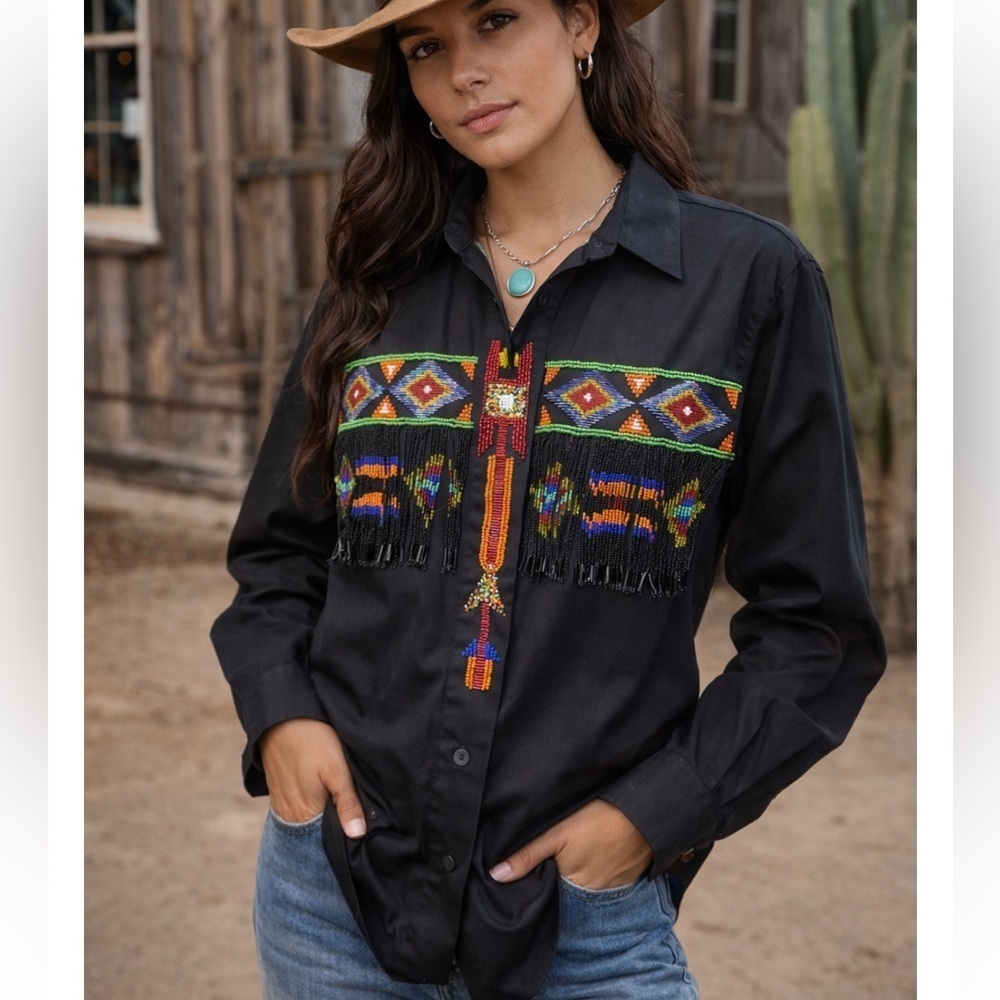 LEW MAGRAM Vintage Western Aztec Beaded Fringe Button Down Shirt Size 8